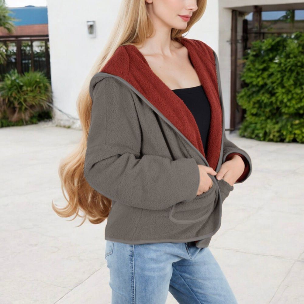 Open-Front Textured  Jacket with Hood and Front Pockets