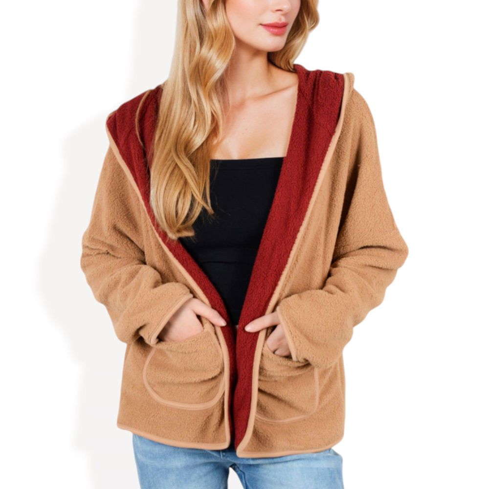 Open-Front Textured  Jacket with Hood and Front Pockets