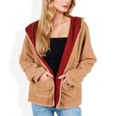 Beige Large Open-Front Textured  Jacket with Hood and Front Pockets