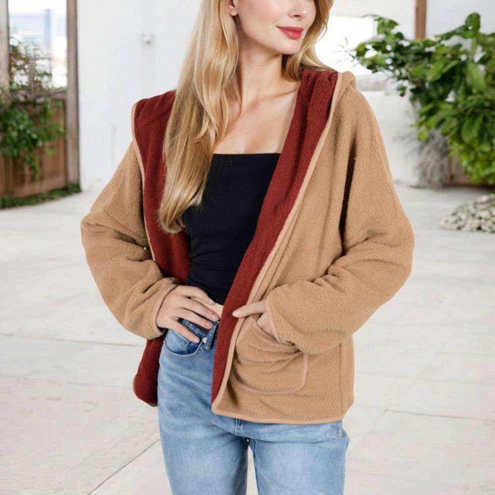 Open-Front Textured  Jacket with Hood and Front Pockets