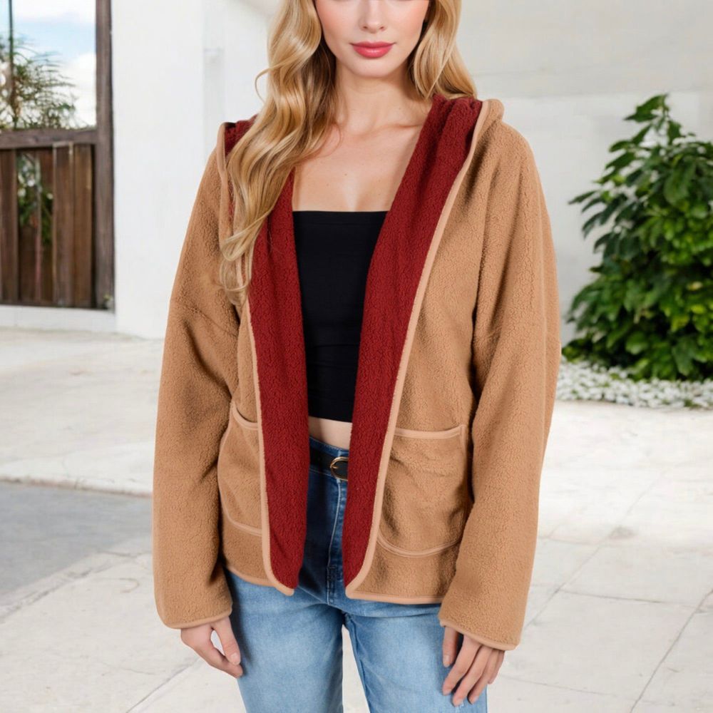 Open-Front Textured  Jacket with Hood and Front Pockets