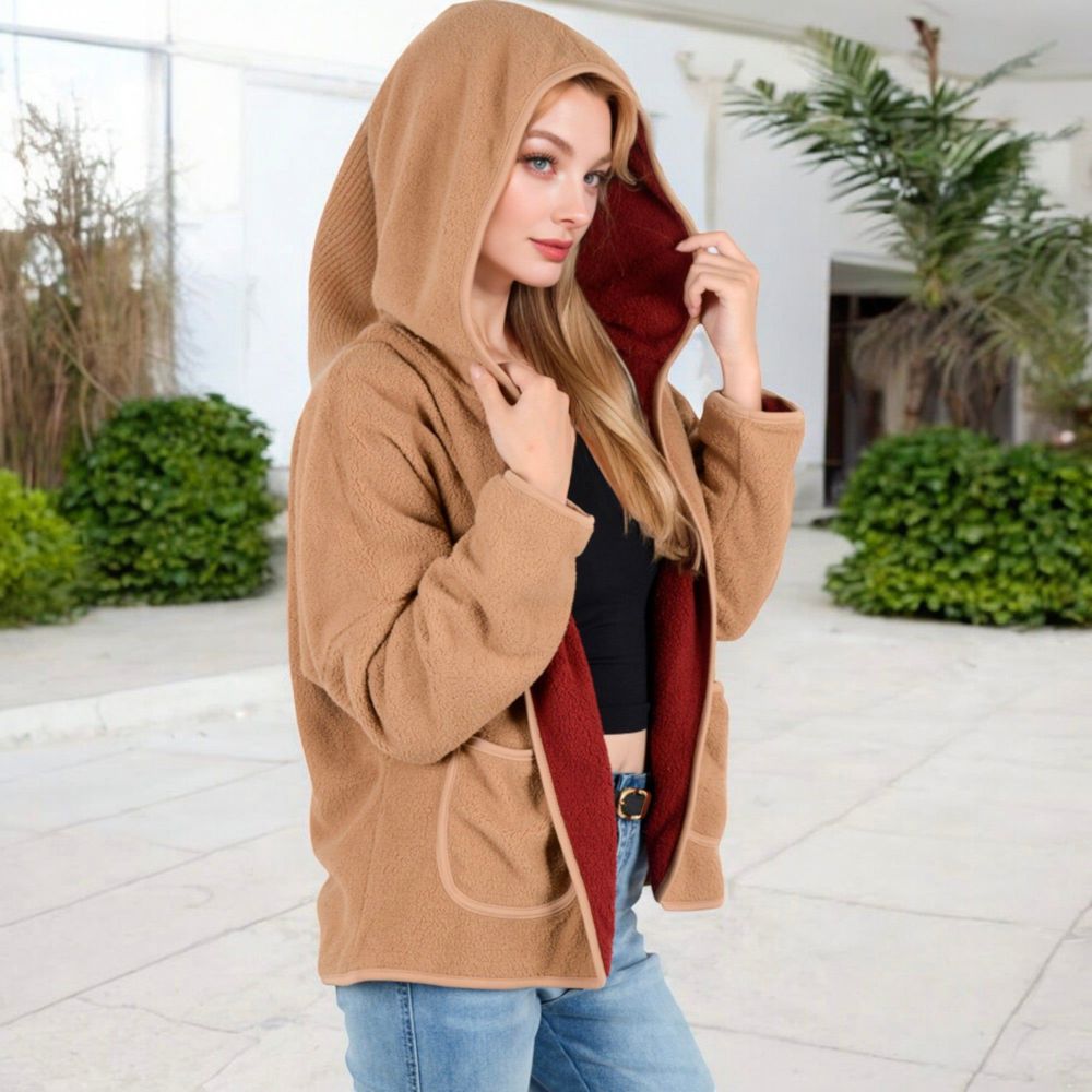 Open-Front Textured  Jacket with Hood and Front Pockets