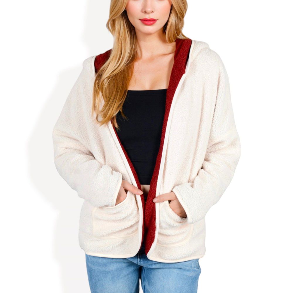 Open-Front Textured  Jacket with Hood and Front Pockets