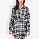  Long Sleeve Button-Down Plaid Shirt Dress with Drawstring Waist Casual Fall Outfit