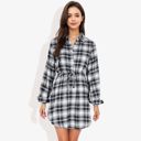  Long Sleeve Button-Down Plaid Shirt Dress with Drawstring Waist Casual Fall Outfit