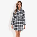  Long Sleeve Button-Down Plaid Shirt Dress with Drawstring Waist Casual Fall Outfit