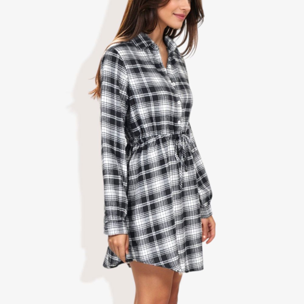 Long Sleeve Button-Down Plaid Shirt Dress with Drawstring Waist Casual Fall Outfit