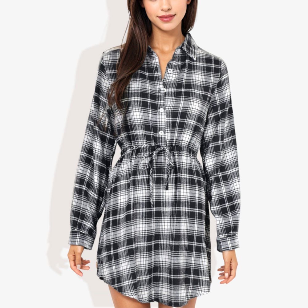 Long Sleeve Button-Down Plaid Shirt Dress with Drawstring Waist Casual Fall Outfit