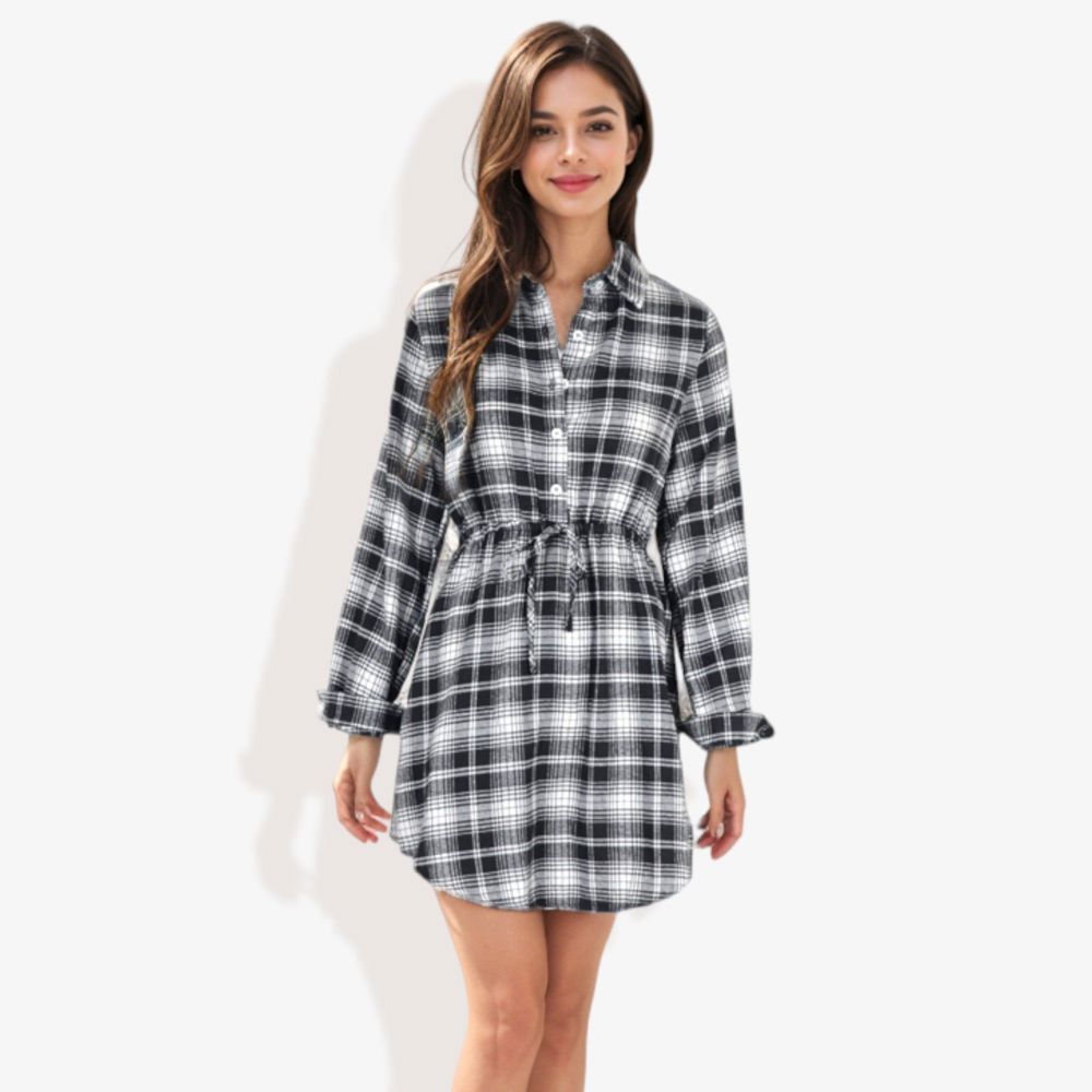 Long Sleeve Button-Down Plaid Shirt Dress with Drawstring Waist Casual Fall Outfit