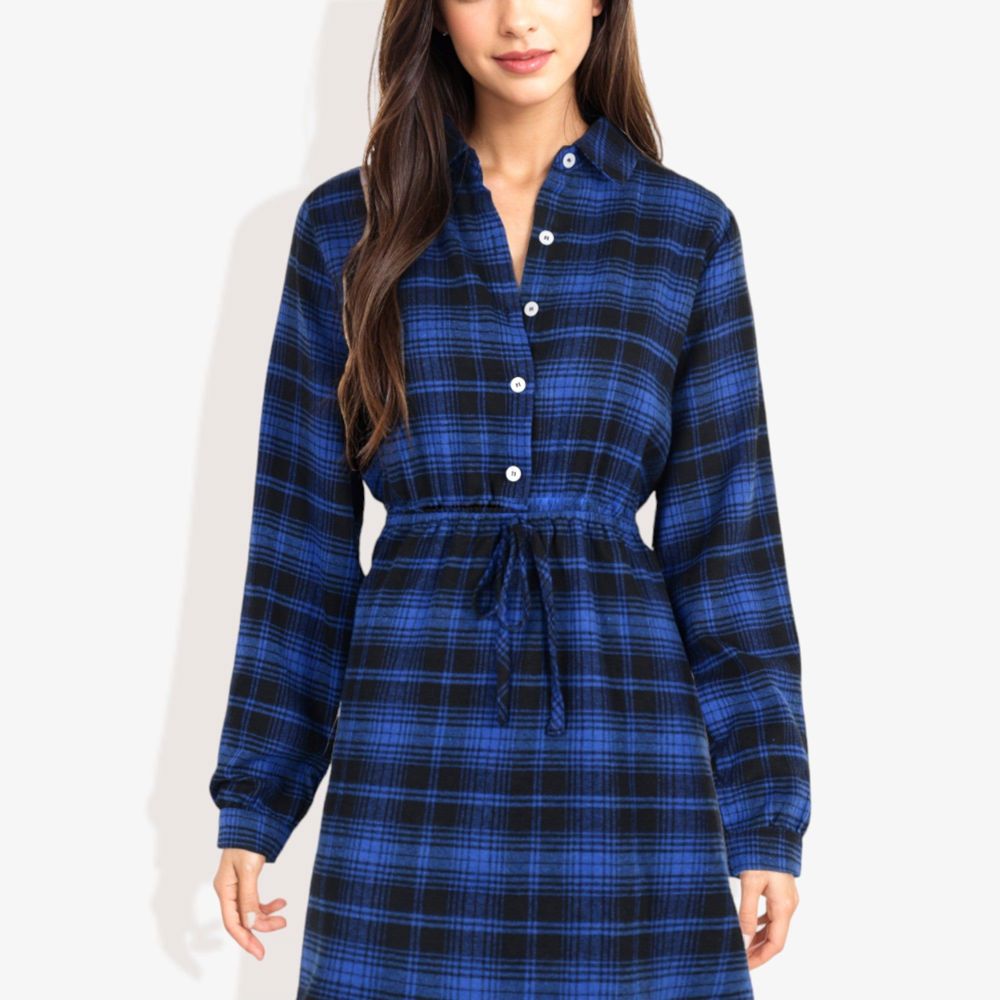 Long Sleeve Button-Down Plaid Shirt Dress with Drawstring Waist Casual Fall Outfit