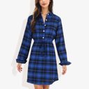 Blue Large Long Sleeve Button-Down Plaid Shirt Dress with Drawstring Waist Casual Fall Outfit