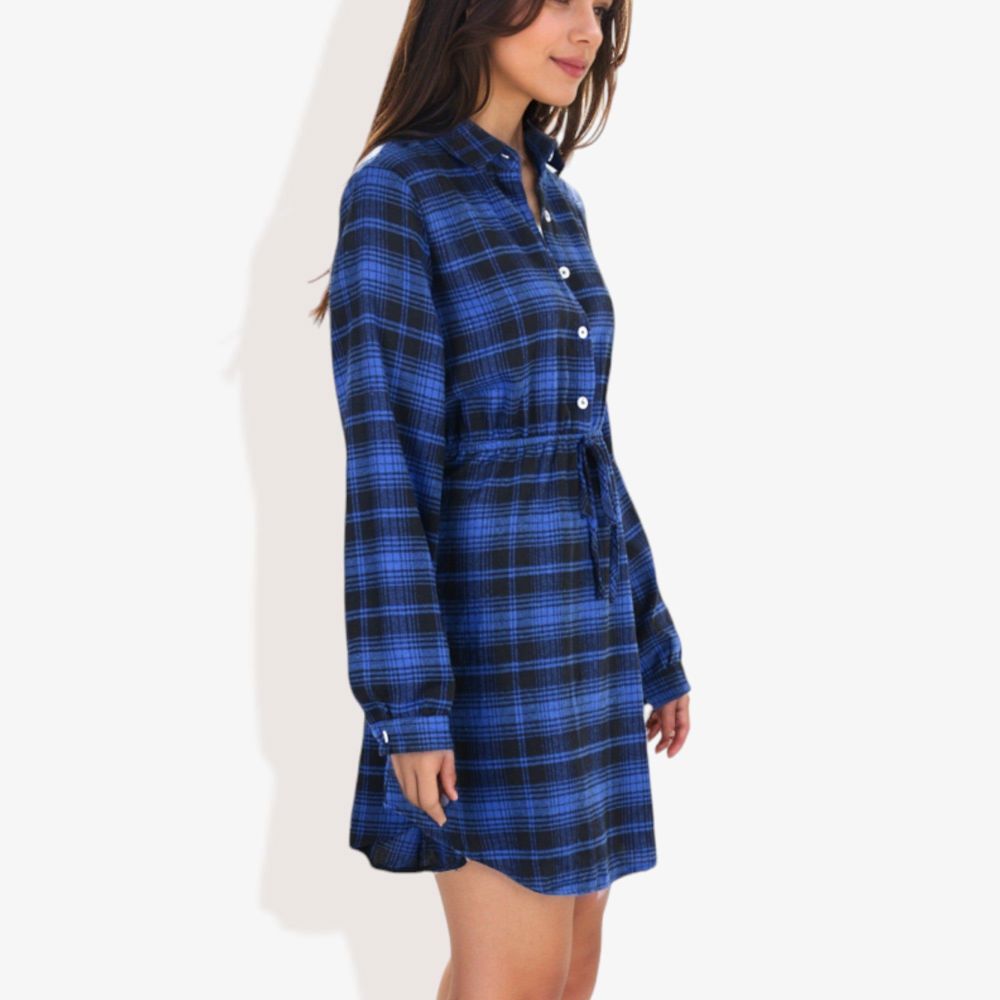 Long Sleeve Button-Down Plaid Shirt Dress with Drawstring Waist Casual Fall Outfit