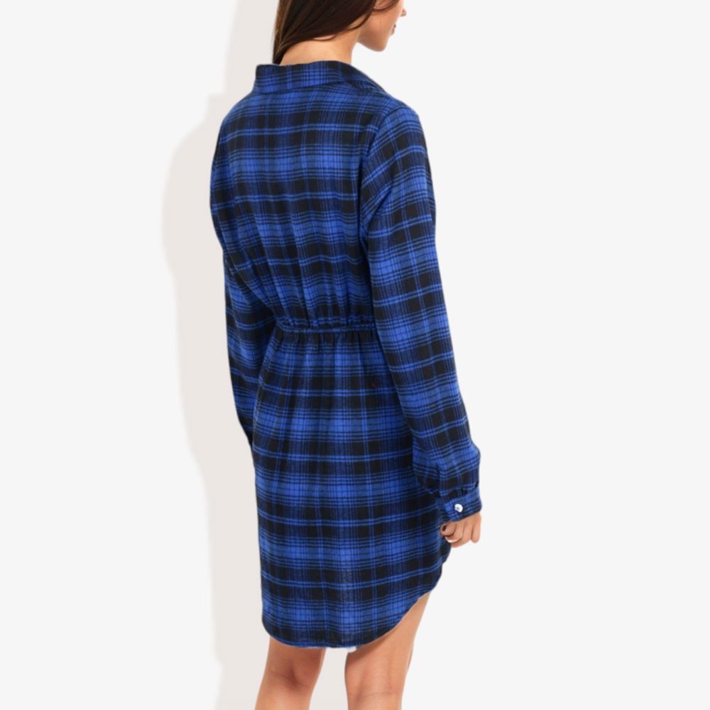 Long Sleeve Button-Down Plaid Shirt Dress with Drawstring Waist Casual Fall Outfit