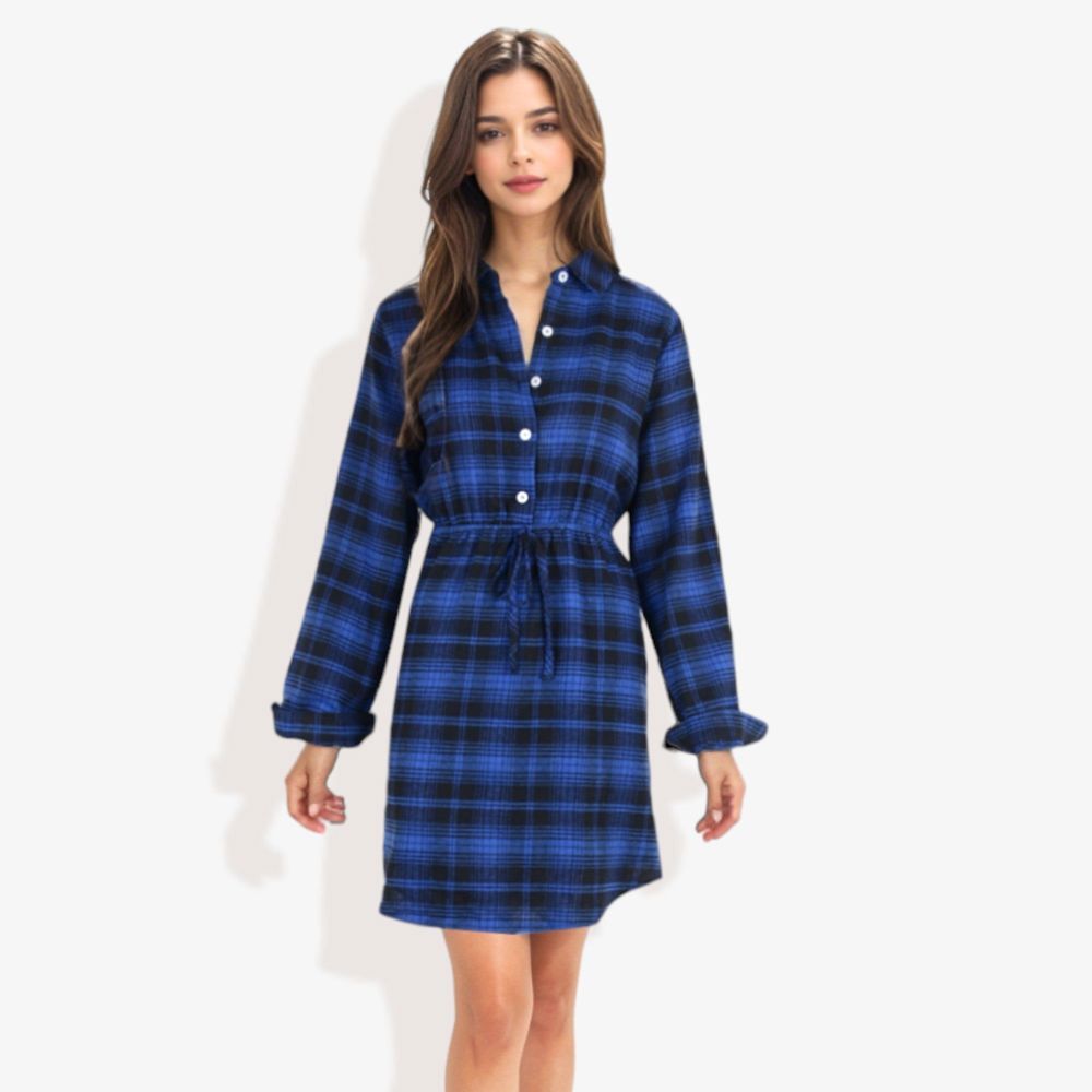 Long Sleeve Button-Down Plaid Shirt Dress with Drawstring Waist Casual Fall Outfit