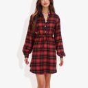 Red Large Long Sleeve Button-Down Plaid Shirt Dress with Drawstring Waist Casual Fall Outfit