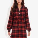 Red Large Long Sleeve Button-Down Plaid Shirt Dress with Drawstring Waist Casual Fall Outfit