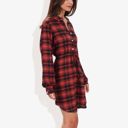 Red Large Long Sleeve Button-Down Plaid Shirt Dress with Drawstring Waist Casual Fall Outfit