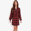 Red Large Long Sleeve Button-Down Plaid Shirt Dress with Drawstring Waist Casual Fall Outfit