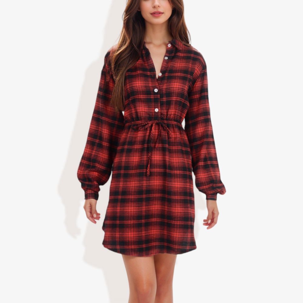 Long Sleeve Button-Down Plaid Shirt Dress with Drawstring Waist Casual Fall Outfit