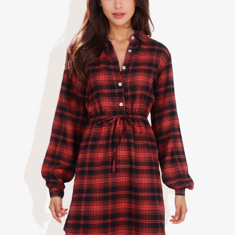 Long Sleeve Button-Down Plaid Shirt Dress with Drawstring Waist Casual Fall Outfit