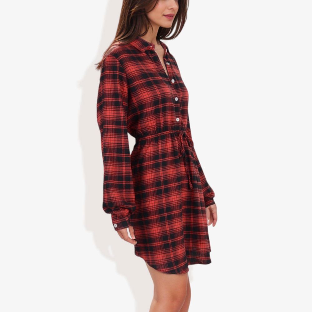 Long Sleeve Button-Down Plaid Shirt Dress with Drawstring Waist Casual Fall Outfit