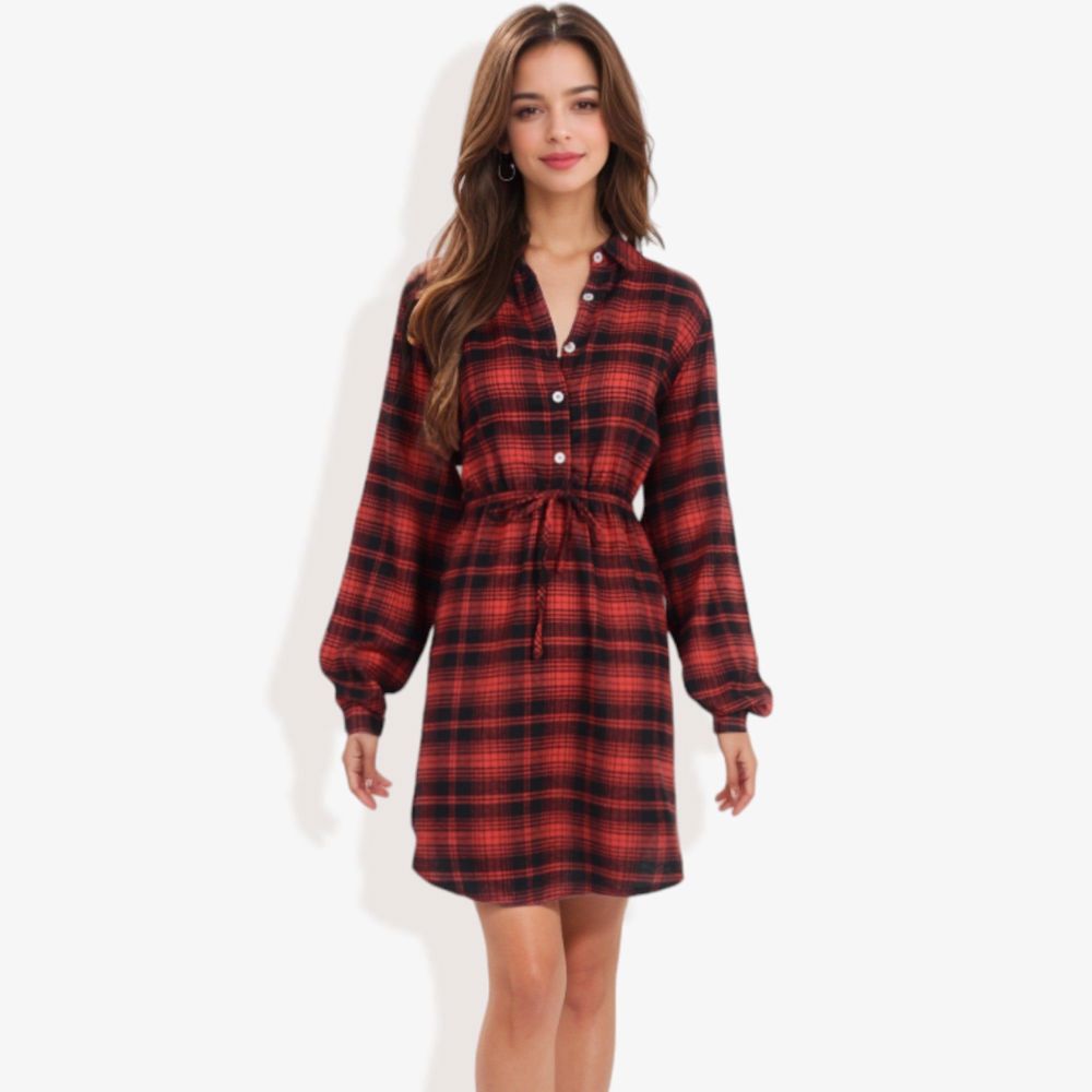 Long Sleeve Button-Down Plaid Shirt Dress with Drawstring Waist Casual Fall Outfit