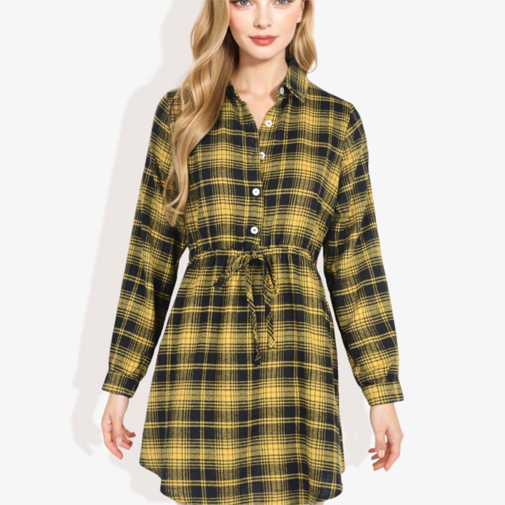 Long Sleeve Button-Down Plaid Shirt Dress with Drawstring Waist Casual Fall Outfit