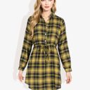 Yellow Large Long Sleeve Button-Down Plaid Shirt Dress with Drawstring Waist Casual Fall Outfit