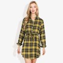 Yellow Large Long Sleeve Button-Down Plaid Shirt Dress with Drawstring Waist Casual Fall Outfit