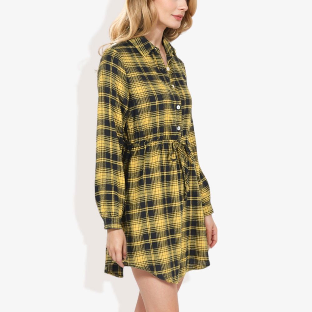 Long Sleeve Button-Down Plaid Shirt Dress with Drawstring Waist Casual Fall Outfit