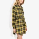 Yellow Large Long Sleeve Button-Down Plaid Shirt Dress with Drawstring Waist Casual Fall Outfit