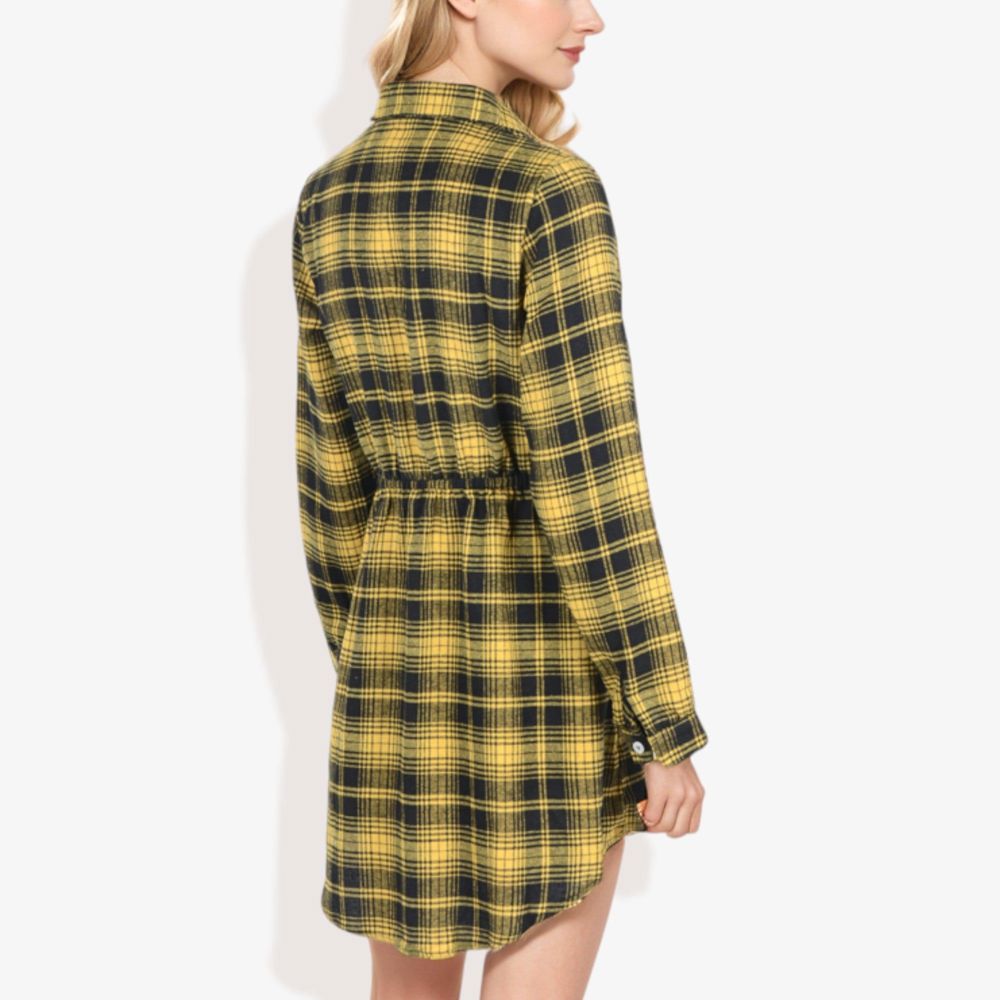 Long Sleeve Button-Down Plaid Shirt Dress with Drawstring Waist Casual Fall Outfit