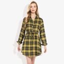 Yellow Large Long Sleeve Button-Down Plaid Shirt Dress with Drawstring Waist Casual Fall Outfit