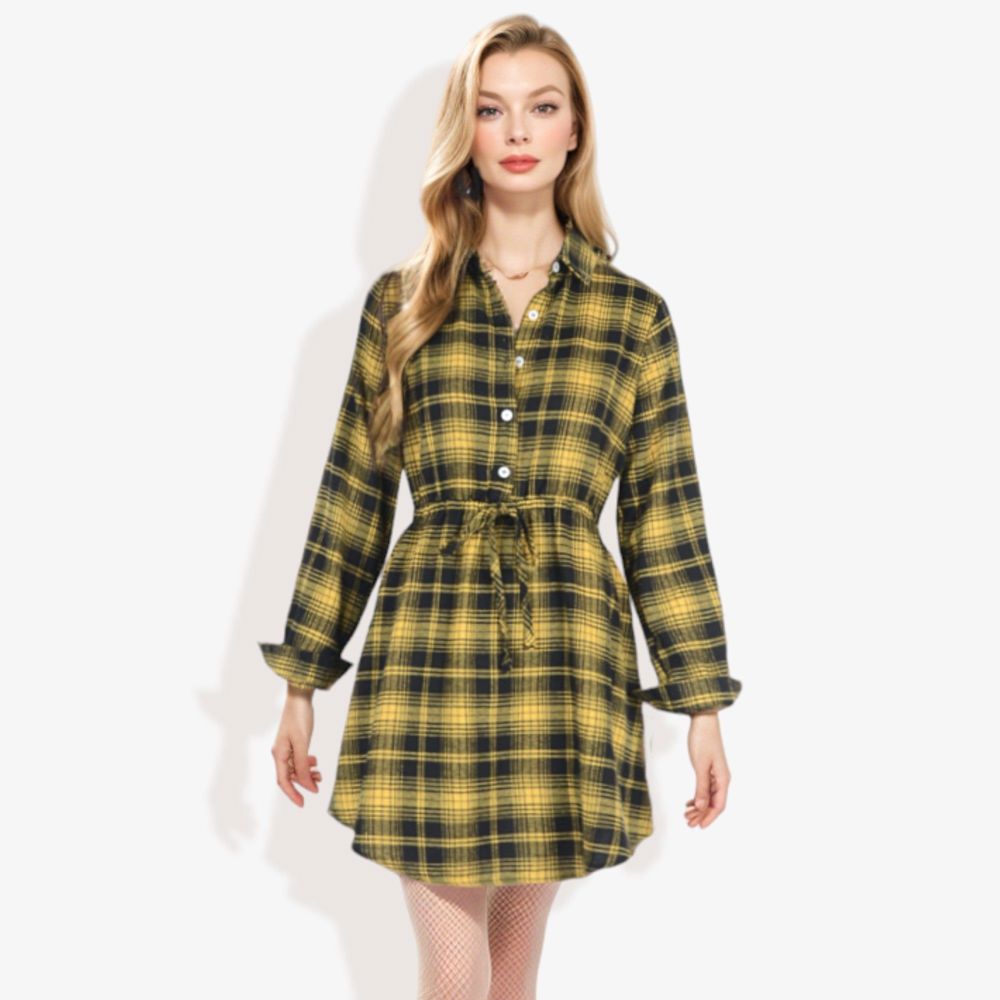 Long Sleeve Button-Down Plaid Shirt Dress with Drawstring Waist Casual Fall Outfit