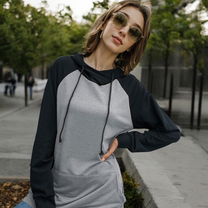 Long Sleeve Raglan Hoodie with Kangaroo Pocket and Drawstring