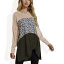 Beige Medium Long Sleeve Color Block Tunic Top with Leopard Print Detail