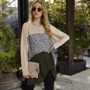 Beige Small Long Sleeve Color Block Tunic Top with Leopard Print Detail