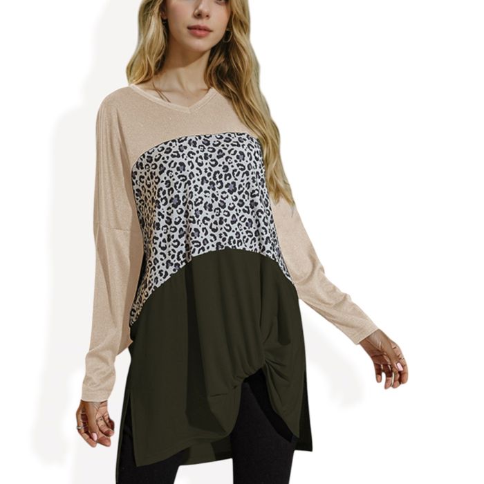 Long Sleeve Color Block Tunic Top with Leopard Print Detail