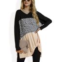 Black Large Long Sleeve Color Block Tunic Top with Leopard Print Detail