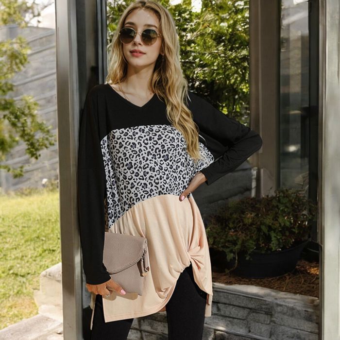 Long Sleeve Color Block Tunic Top with Leopard Print Detail