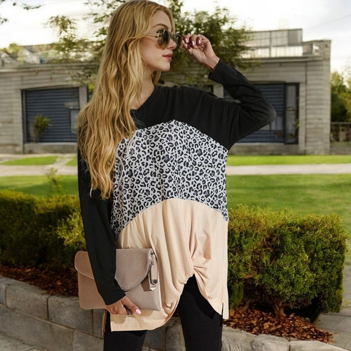 Long Sleeve Color Block Tunic Top with Leopard Print Detail