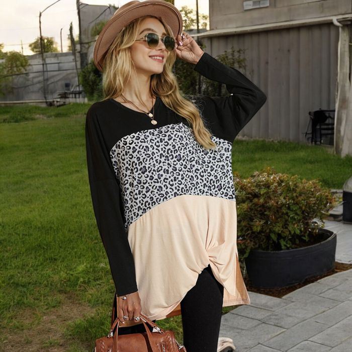 Long Sleeve Color Block Tunic Top with Leopard Print Detail