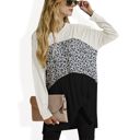 White Large Long Sleeve Color Block Tunic Top with Leopard Print Detail