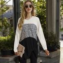 White Large Long Sleeve Color Block Tunic Top with Leopard Print Detail