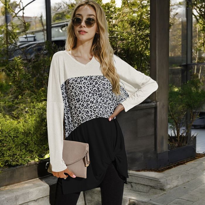 Long Sleeve Color Block Tunic Top with Leopard Print Detail