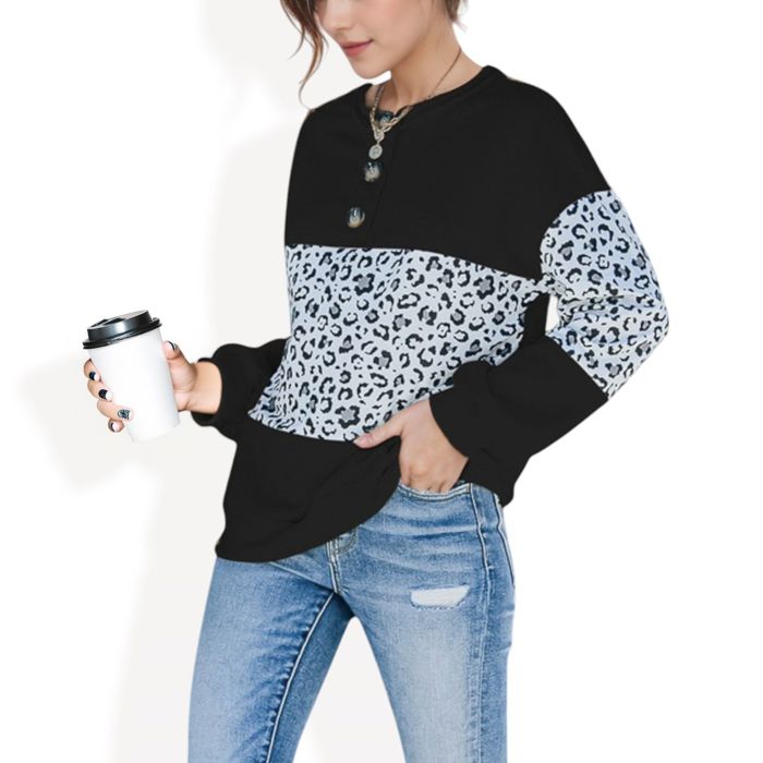 Leopard Print Pullover Sweatshirt with Long Sleeves and Ribbed Cuffs