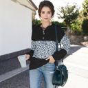 Black Large Leopard Print Pullover Sweatshirt with Long Sleeves and Ribbed Cuffs