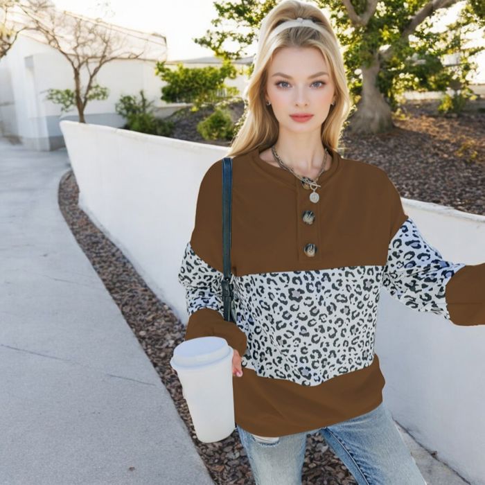 Leopard Print Pullover Sweatshirt with Long Sleeves and Ribbed Cuffs