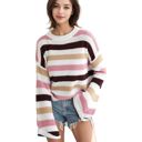 Pink XL Striped Bell Sleeve Light Sweater