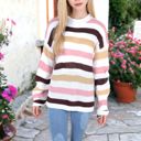 Pink XL Striped Bell Sleeve Light Sweater